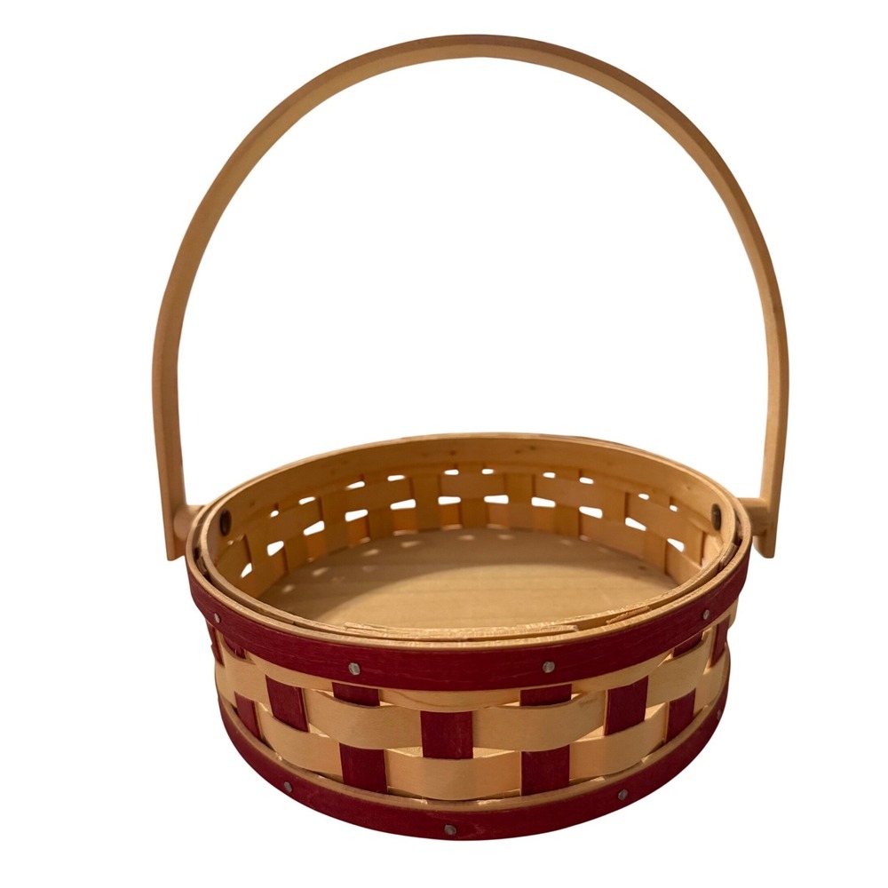 Longaberger 2006 Round Basket Red Accent Woven Wood Swinging Handle l
